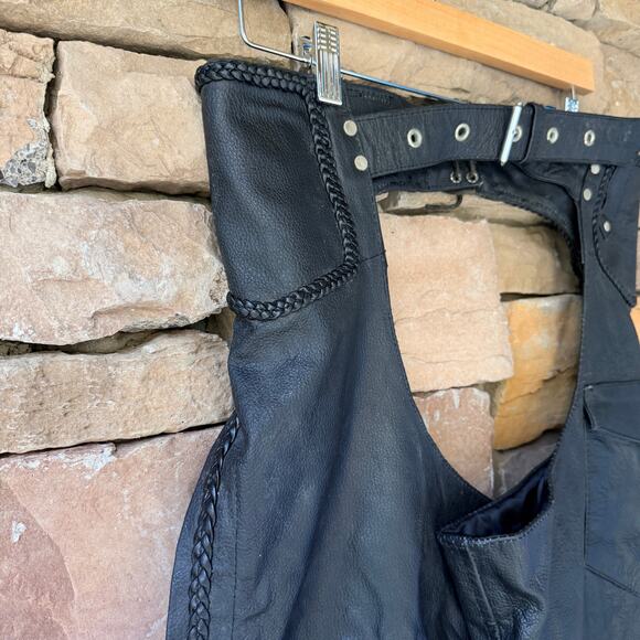 Black Leather side zip/snap motorcycle chaps Women's L Adj. Silver Buckle Waist - Picture 7 of 13